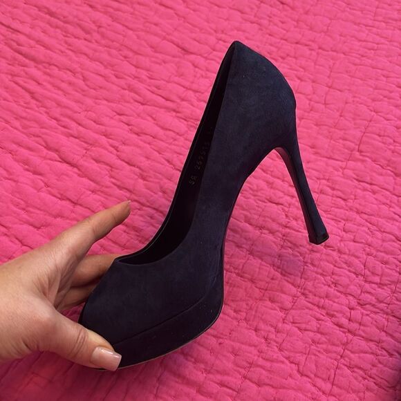 YSL navy blue suede Peep-Toe Heels, US7 - Picture 3 of 11